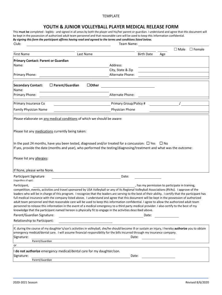  YOUTH &amp; JUNIOR VOLLEYBALL PLAYER MEDICAL RELEASE FORM 2020-2024