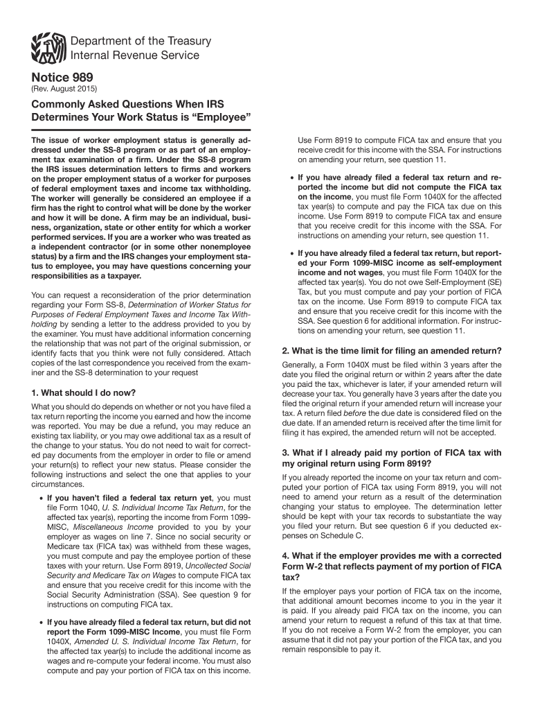 Notice 989 Rev 8 Commonly Asked Questions When IRS Determines Your Work Status is Employee  Form