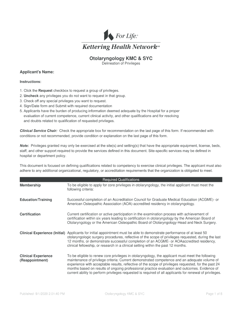  to Be Eligible to Apply for Core Privileges in Otolaryngology, the Initial Applicant Must Meet the 2020-2024