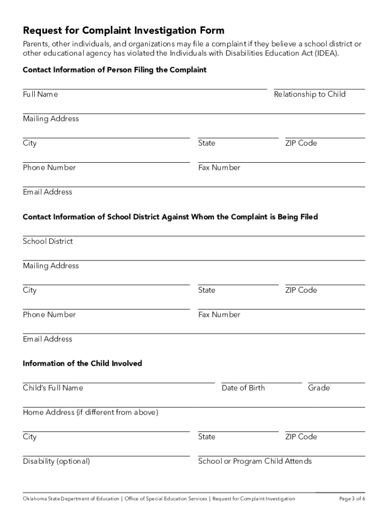 Request to File a Complaint with the Oklahoma State Department of  Form