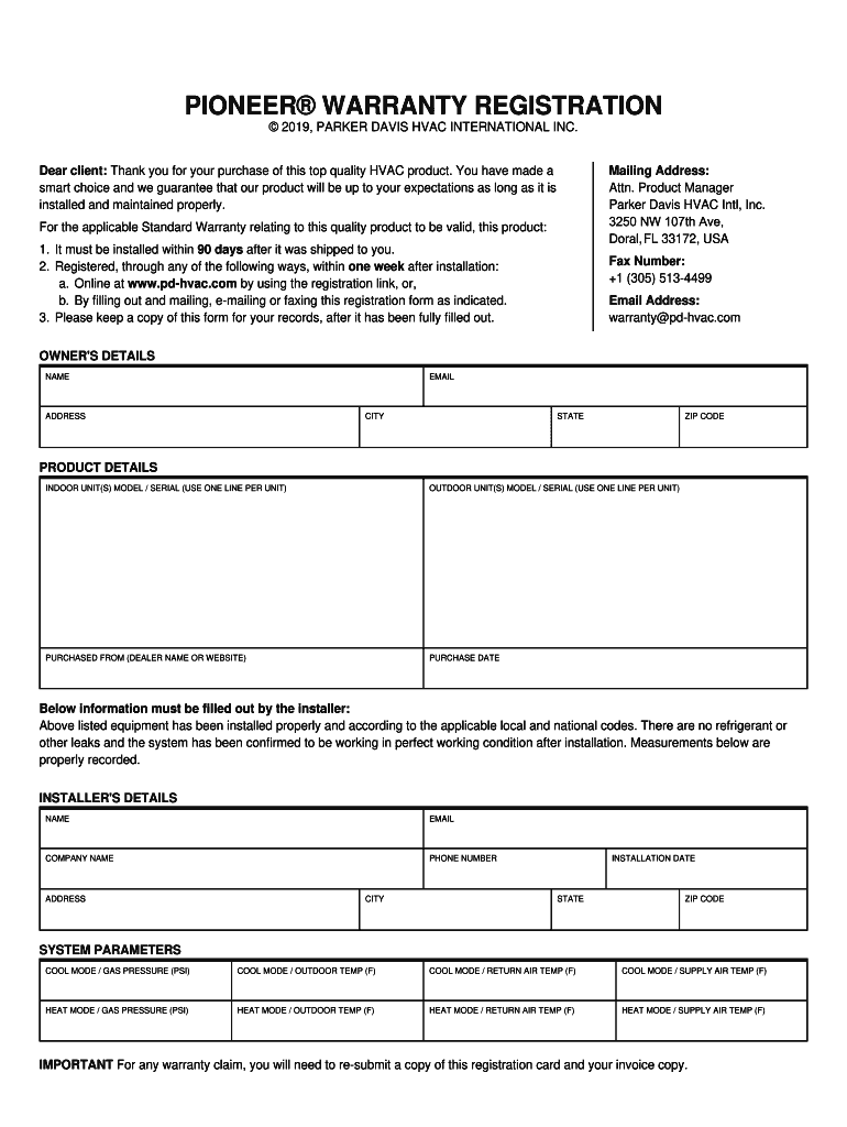 Pioneer Mini Split Warranty  Form