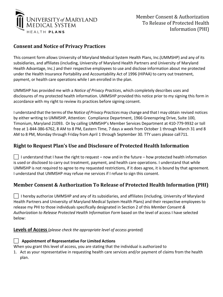 PDF UMHA HIPAA Privacy Consent & Auth Form University of Maryland