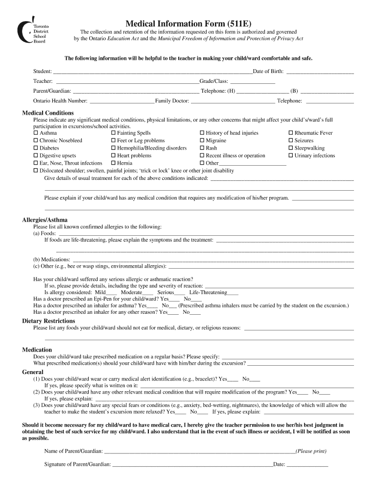 Form 511E Medical Information for Excursions TDSB School