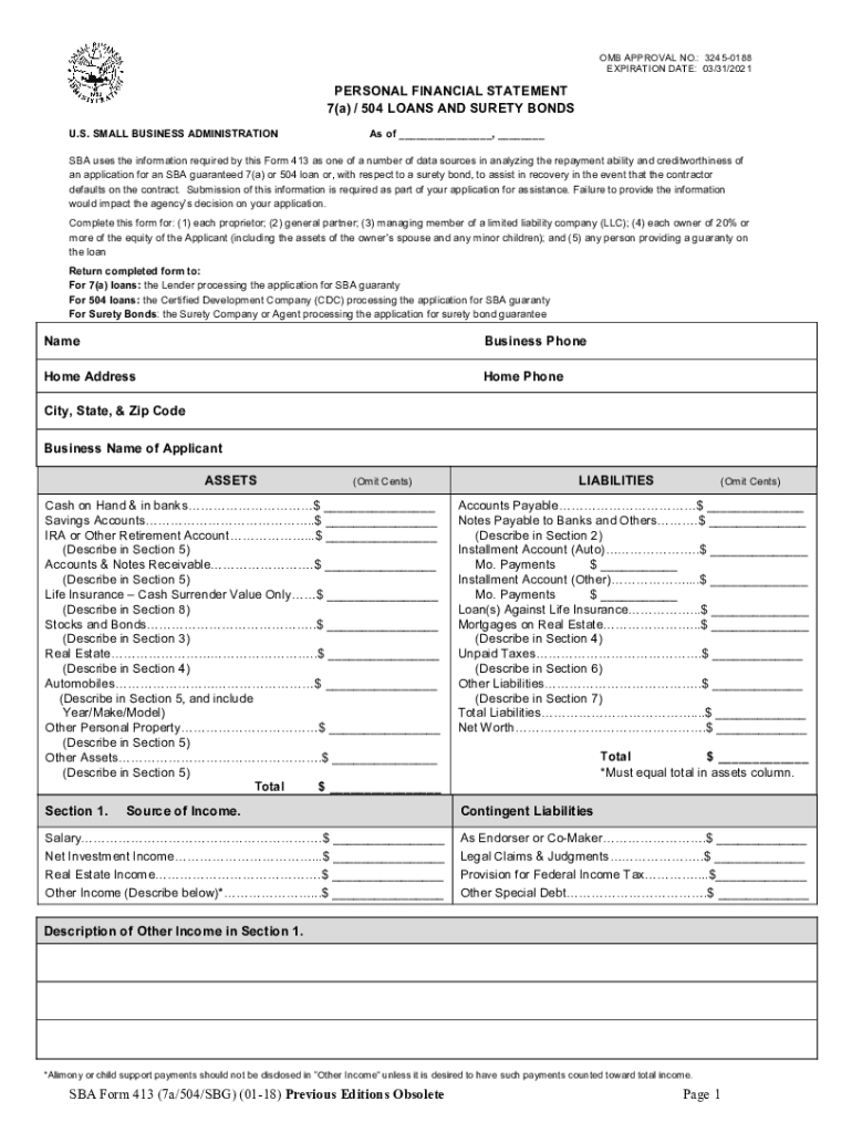 Form 413 Personal Financial Satement 7a 504 Loans and Surety