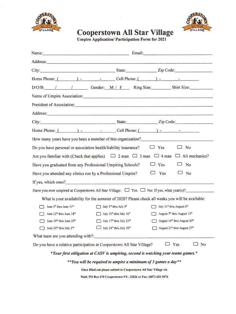Get and Sign Umpire Application Cooperstown All Star Village 2021-2022 Form