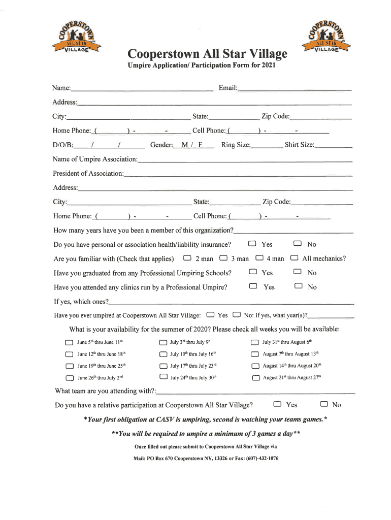  Umpire Application Cooperstown All Star Village 2021-2024