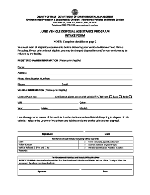 JUNK VEHICLE DISPOSAL ASSISTANCE PROGRAM INTAKE FORM