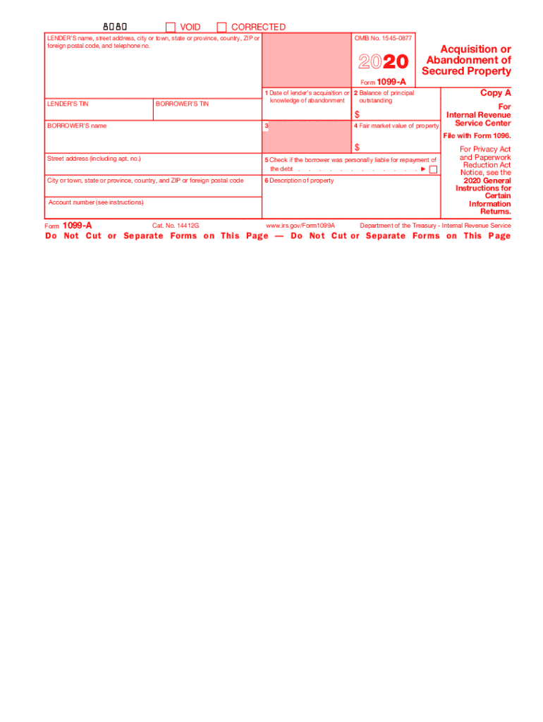  Form 1099 a Acquisition or Abandonment of Secured Property 2020