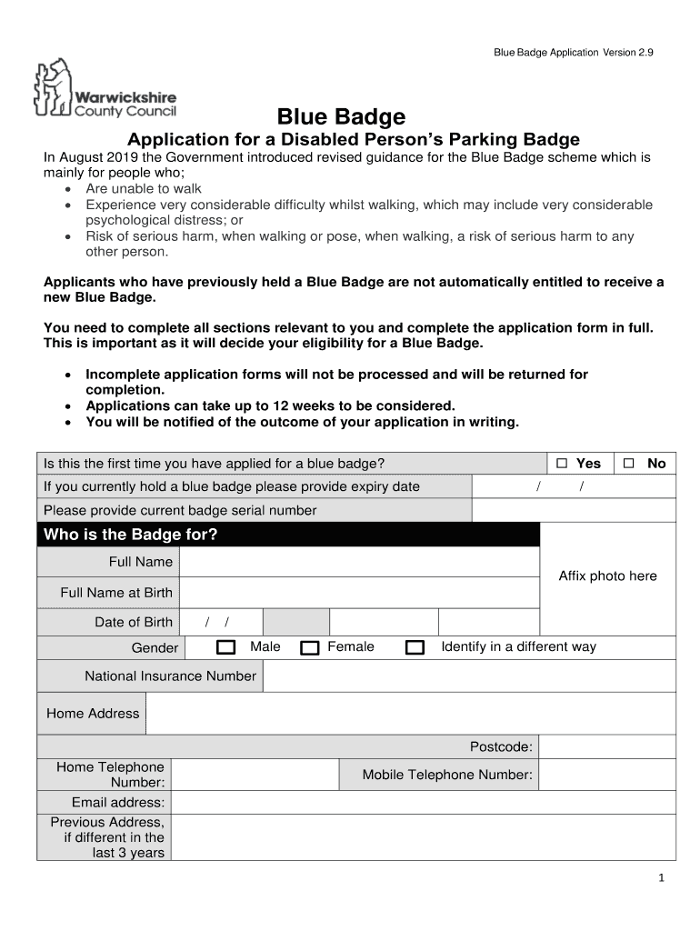 Blue Badge Warwickshire  Form