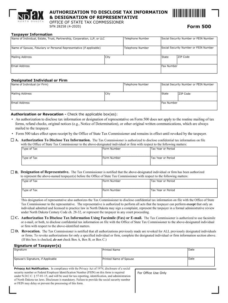  Form 500 Authorization to Disclose Tax Information & Designation 2020-2024