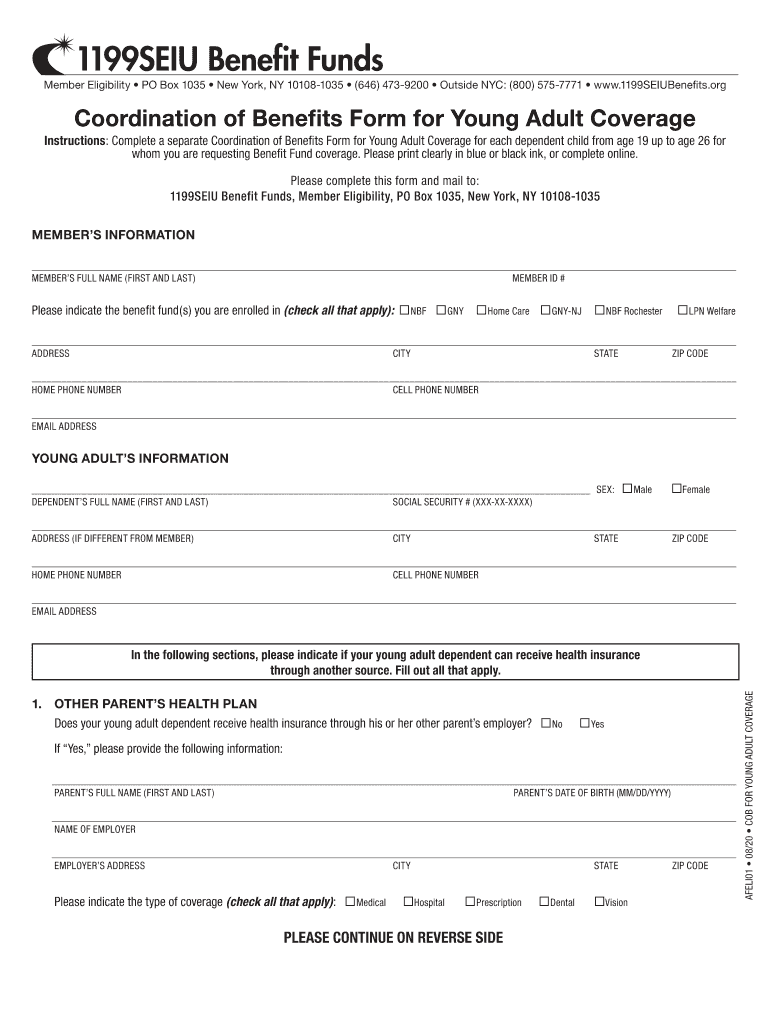  Coordination of Benefits Form for Young Adult Coverage1199SEIU Benefit Funds 2020-2024