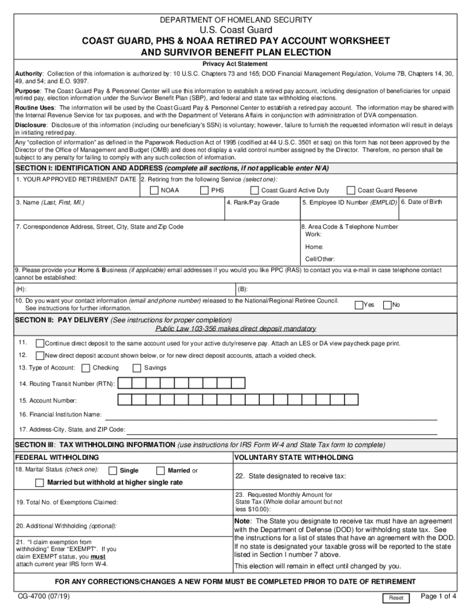 CG4700 PDF Coast Guard, PHS & NOAA Retired Pay Account Worksheet and Survivor Benefit Plan Election  Form