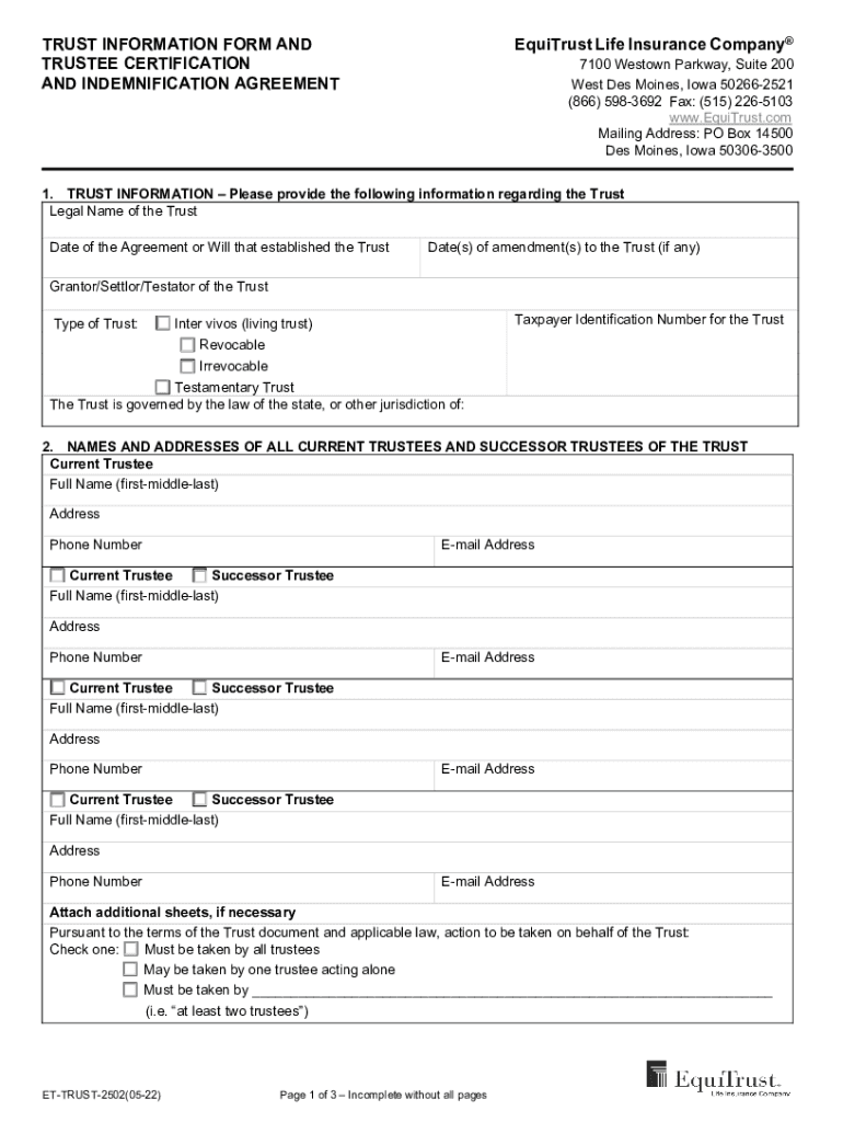  TRUST INFORMATION FORM and TRUSTEE CERTIFICATION a 2022-2024