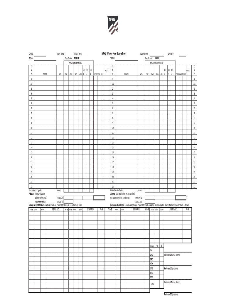 Printable Water Polo Score Sheet  Form