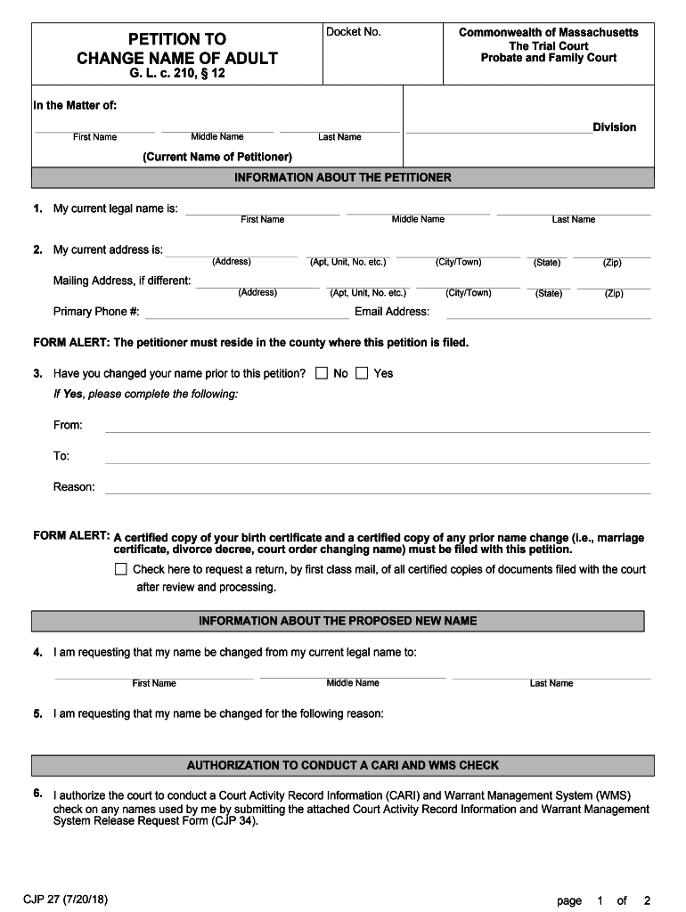  Petition to Change Name of Adult Petition to Change the Name of Adult Eighteen and Older 2018-2024