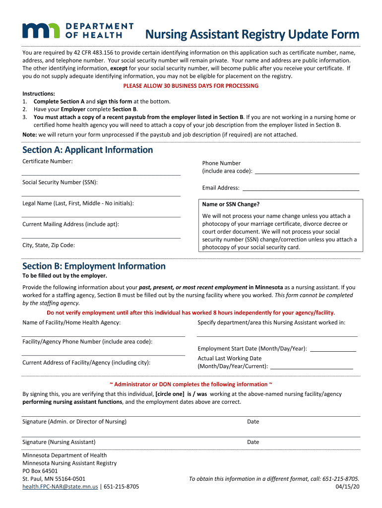 Nursing Assistant Registry Update Form