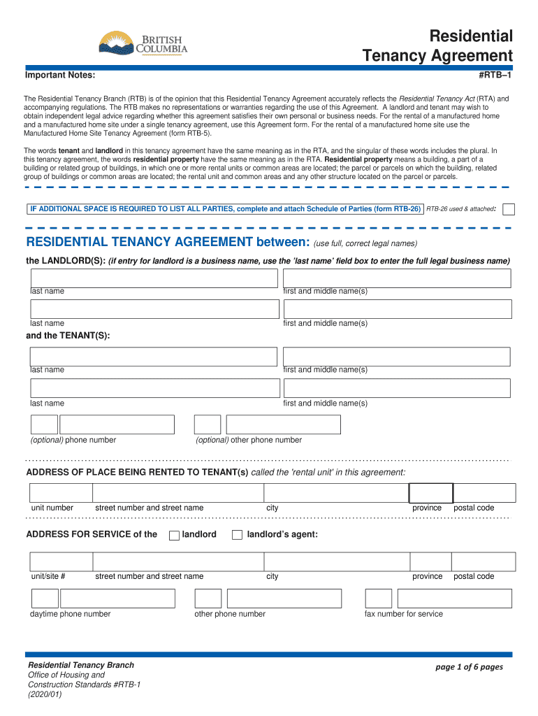  Residential Tenancy Agreement RTB 1 the Residential Tenancy Branch is of the Opinion that This Residential Tenancy Agreement Acc 2020-2024