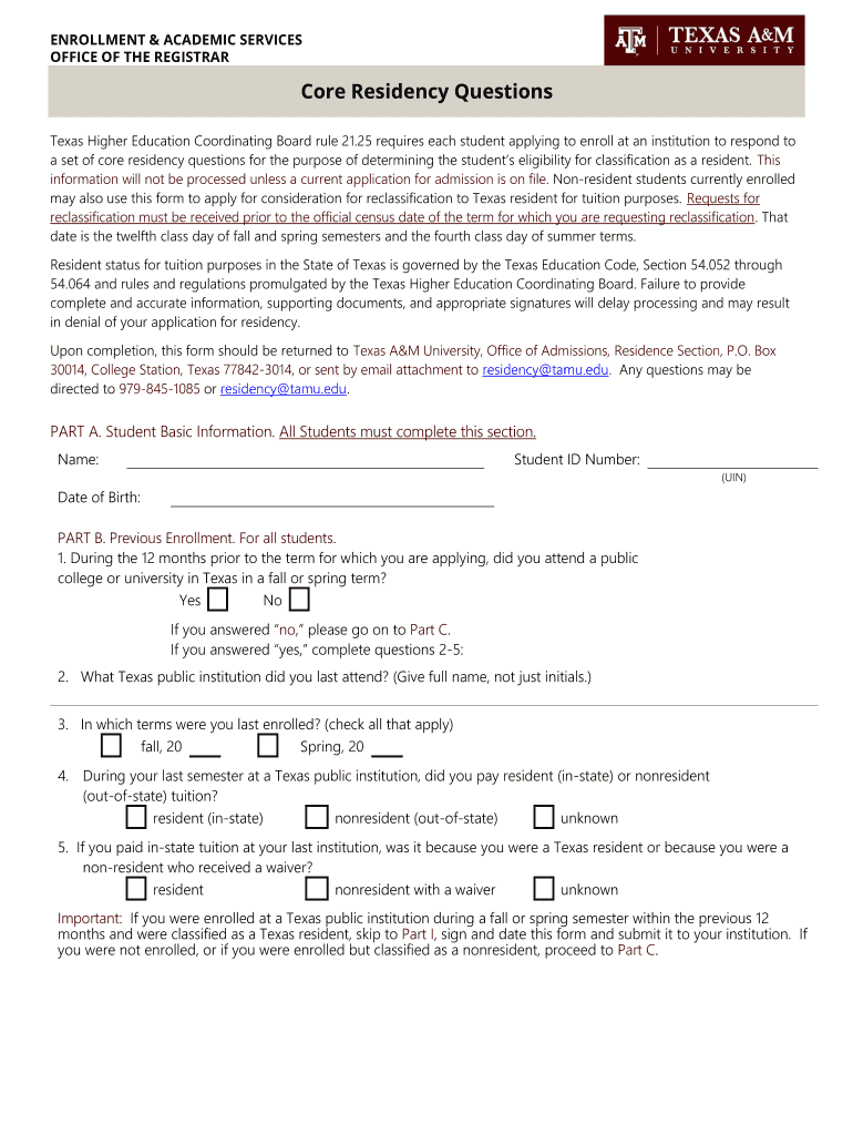 Core Residency Questions  Form