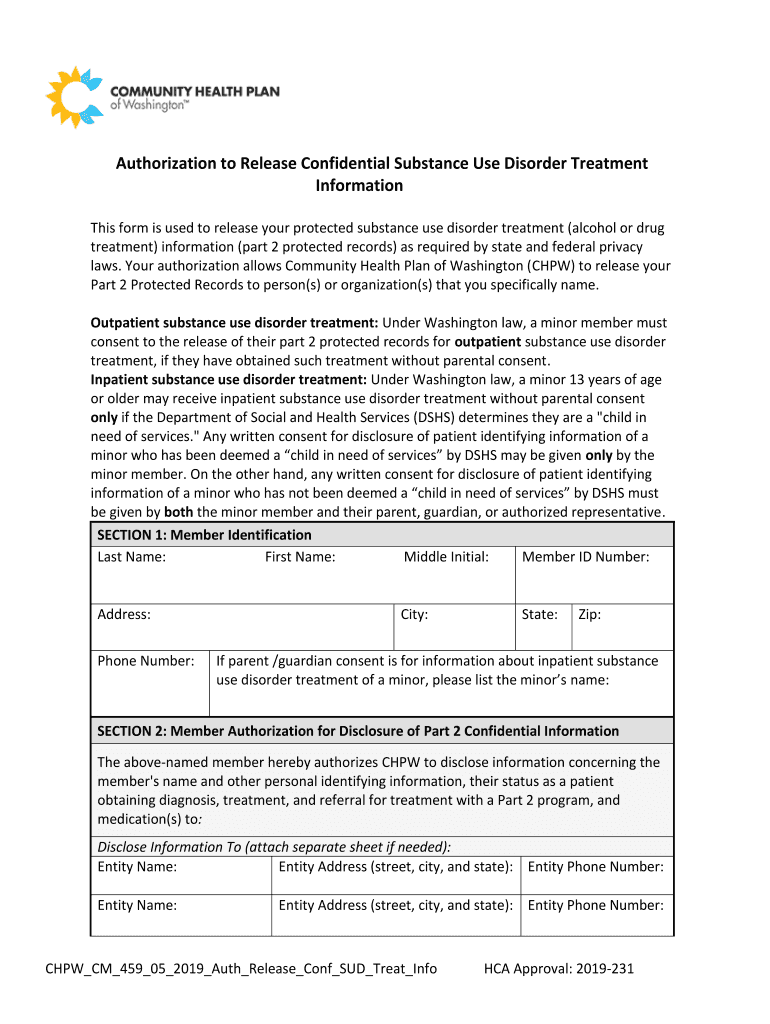  WA CHPW Authorization to Release Confidential Substance Use Disorder Treatment Information 2019-2024