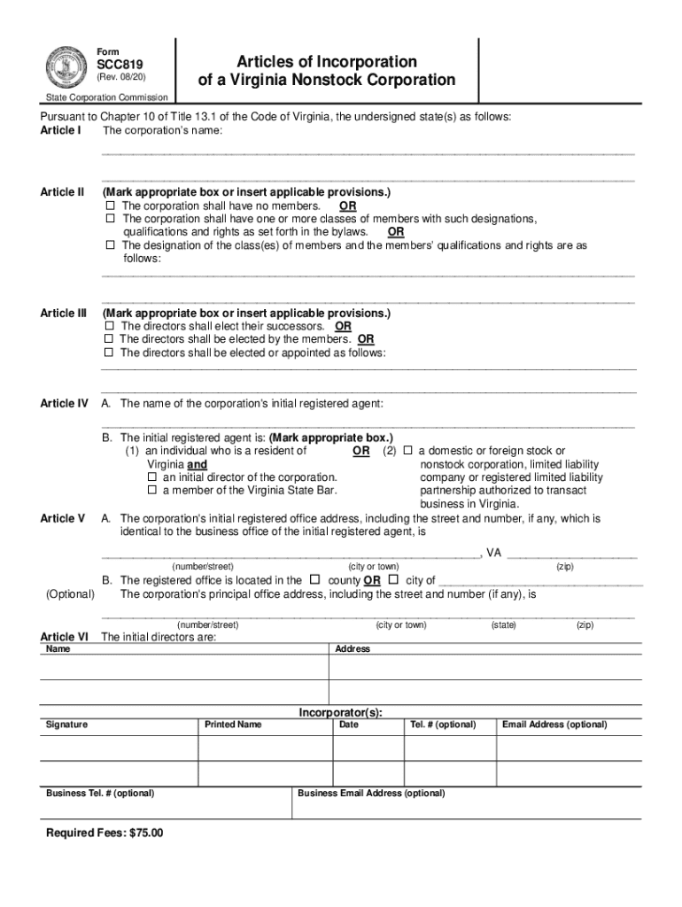  Instructions to Form SCC819 Articles of Incorporation of a Virginia Nonstock Corporation 2020