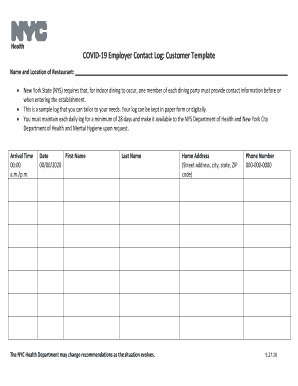 Covid Customer Log Template  Form
