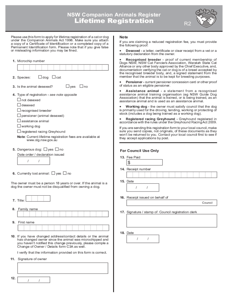 NSW Companion Animals RegisterLifetime Registratio  Form