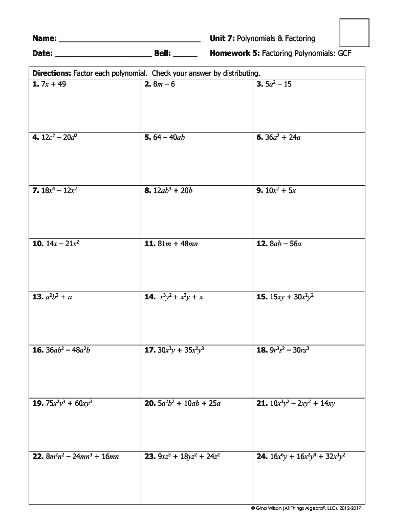 Unit 7 Polynomials and Factoring Homework 5 Answer Key  Form