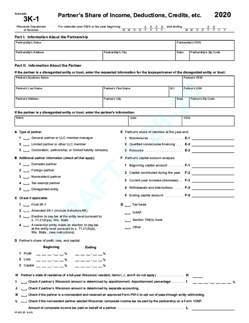Schedule 3K 1 Partner's Share of Income, Deductions, Credits, Etc  Form