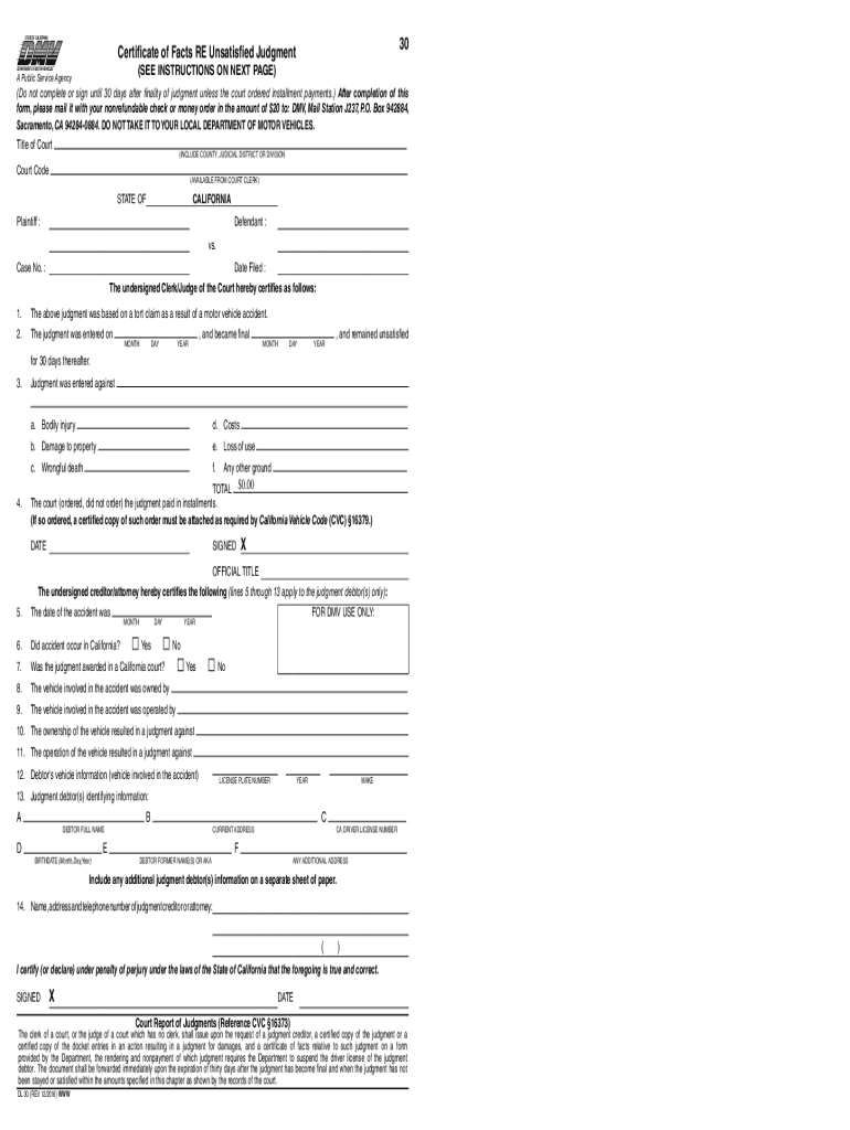 DL 30, Certificate of Facts RE Unsatisfied Judgment  Form