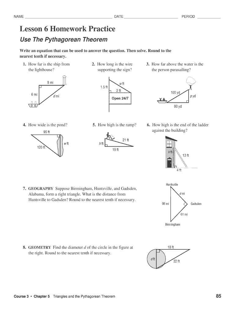pythagorean theorem homework 5 answer key