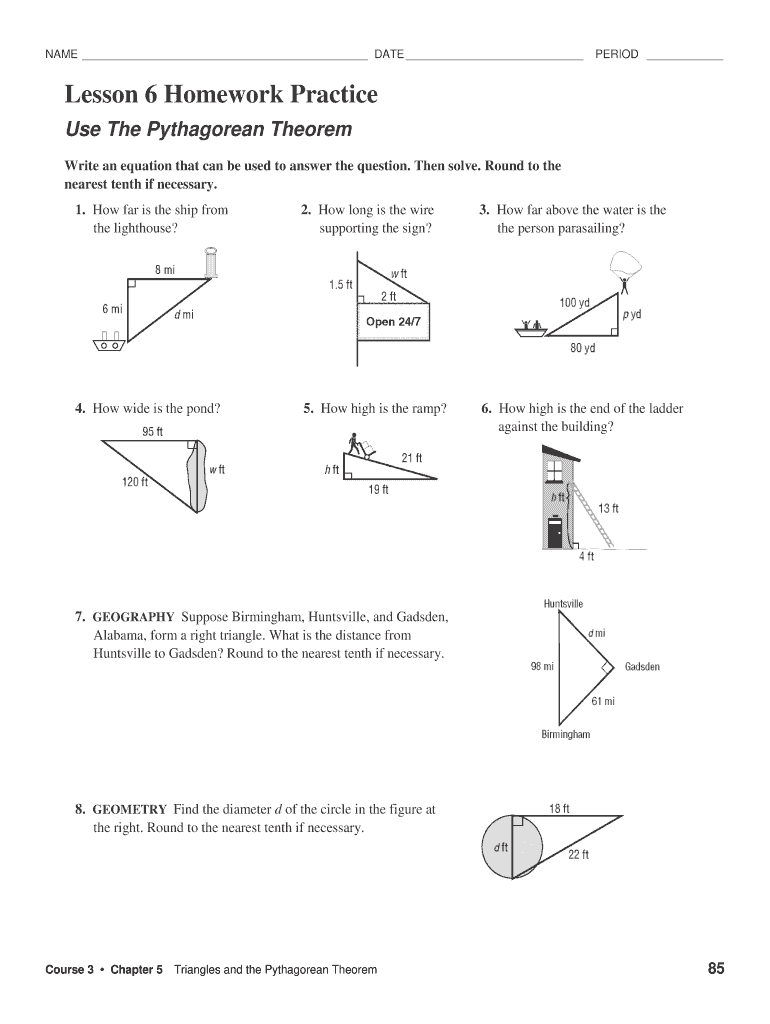 Lesson 6 Homework Practice Use the Pythagorean Theorem Answer Key  Form