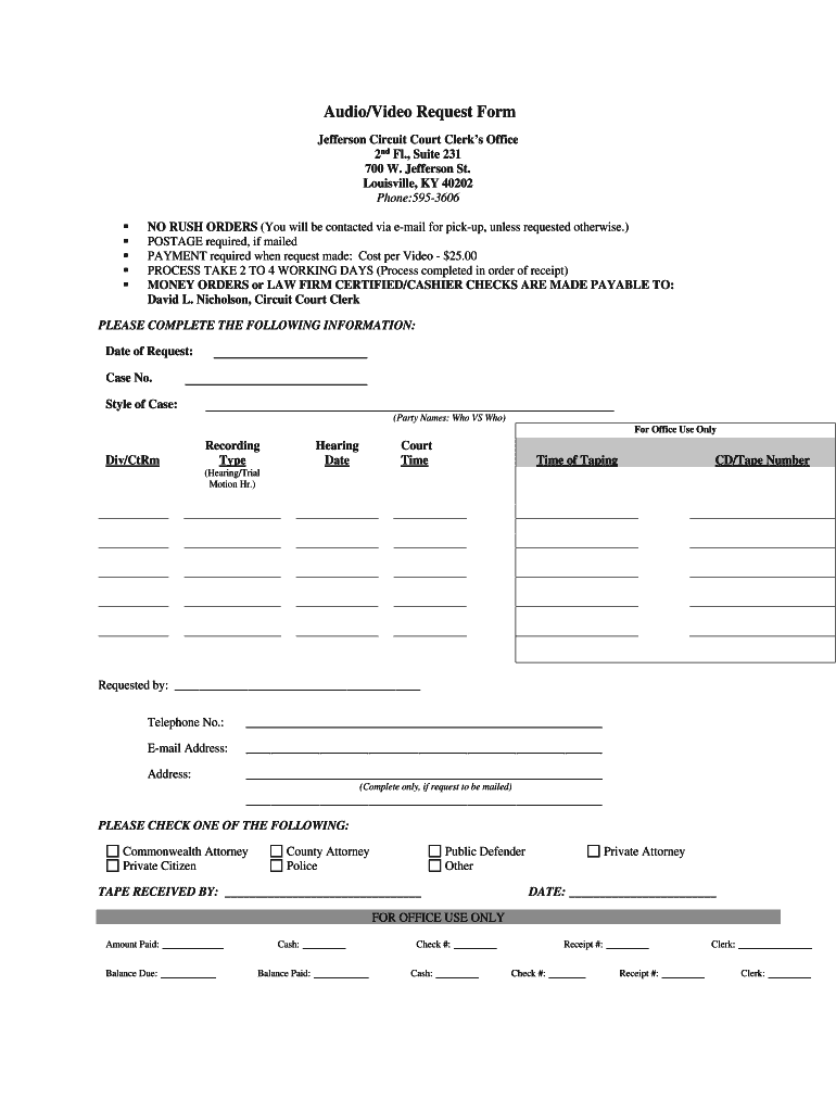 Fillable Online Courts Ky AudioVideo Request Form Courts Ky Fax