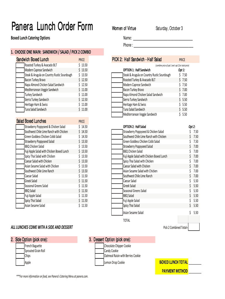 Panera Catering Menu PDF Form