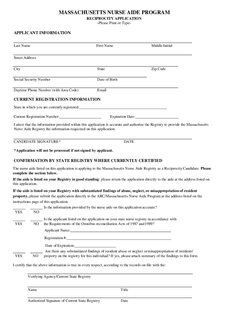 Nurse Aide Reciprocity Application  Form