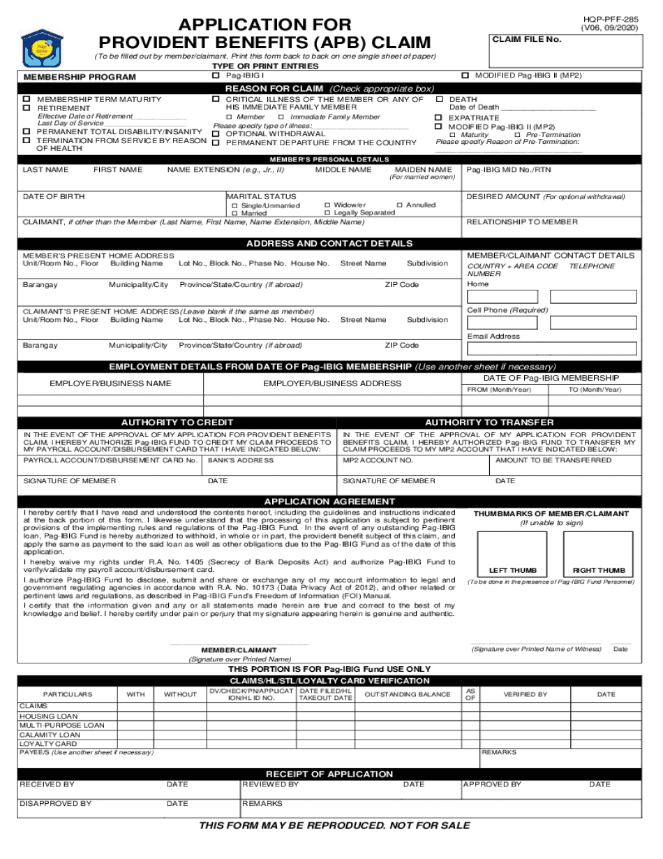  Get the Pag IBIG Form Application for Provident Benefits Claim 2020