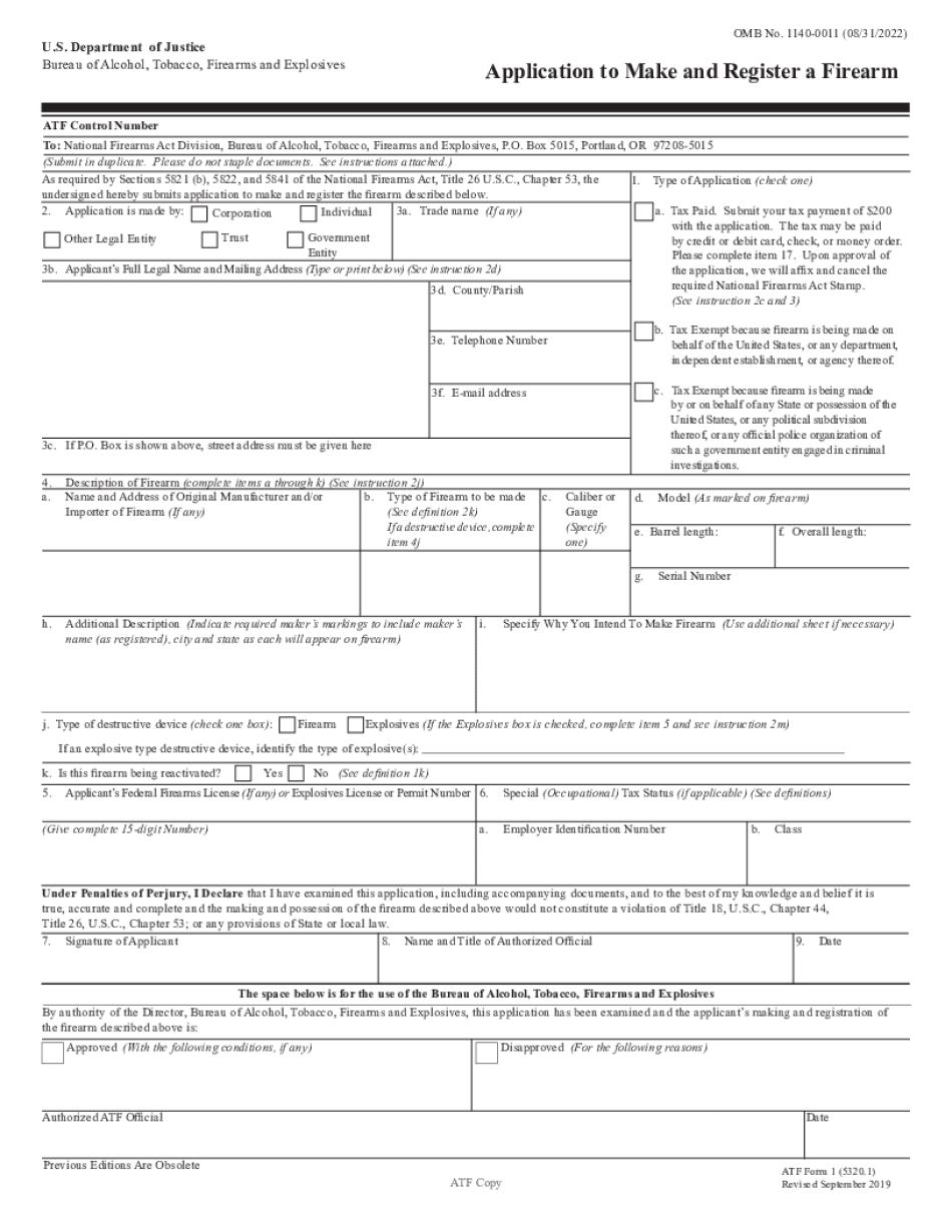  PDF ATF Form 1 Bureau of Alcohol, Tobacco, Firearms and Explosives 2019