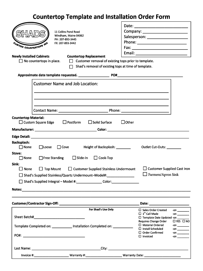 Countertop Template and Installation Order Form