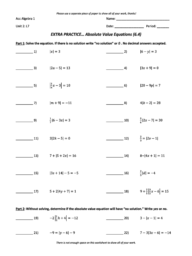 Absolute Value Inequalities Worksheet  Form