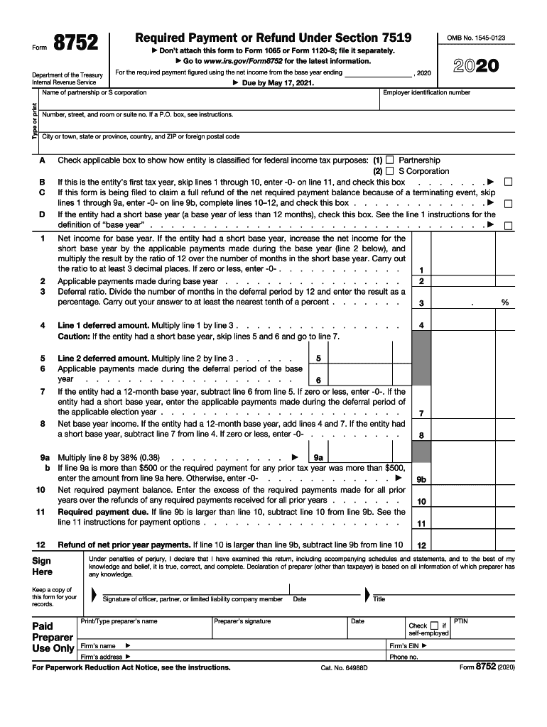  Form 8752 Required Payment or Refund under Section 7519 2020