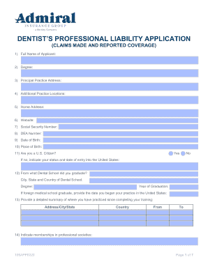 DENTISTS PROFESSIONAL LIABILITY APPLICATION  Form