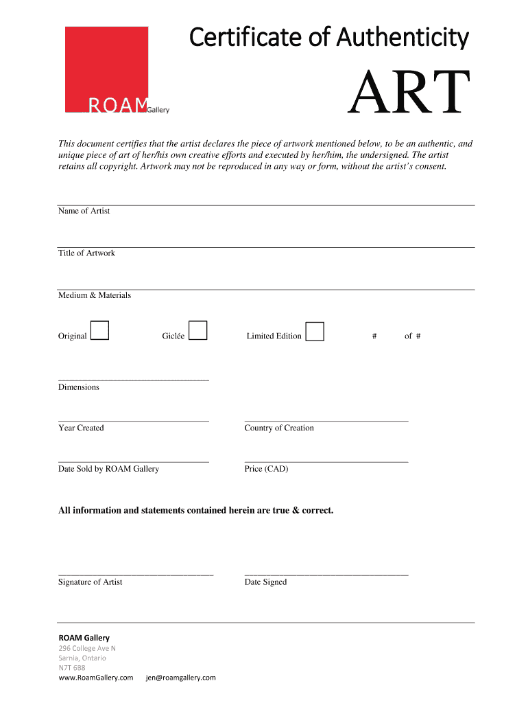 This Document Certifies that the Artist Declares the Piece of Artwork Mentioned Below, to Be an Authentic, and  Form