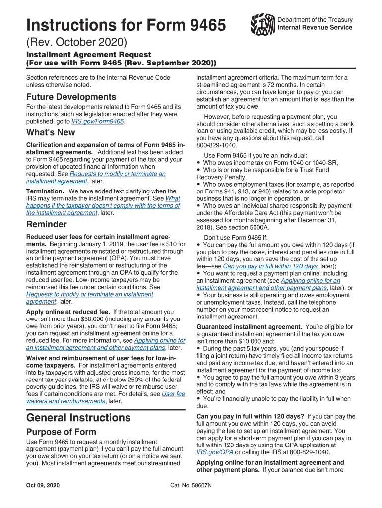  Instructions for Form 9465 Rev October Instructions for Form 9465, Installment Agreement Request for Use with Form 9465 Rev Sept 2020