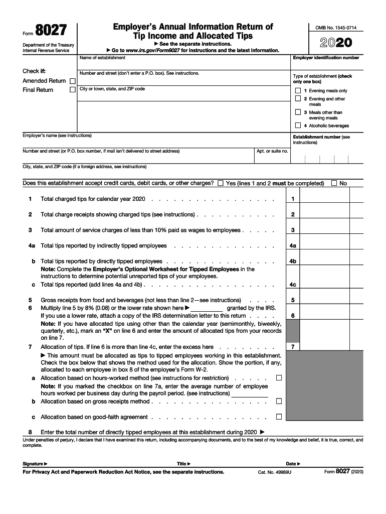  Instructions for Form 8027 Internal Revenue Service 2020