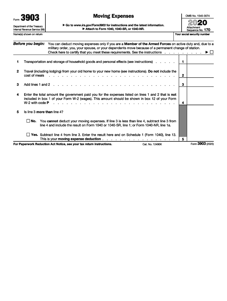  Form 3903 Moving Expenses 2020
