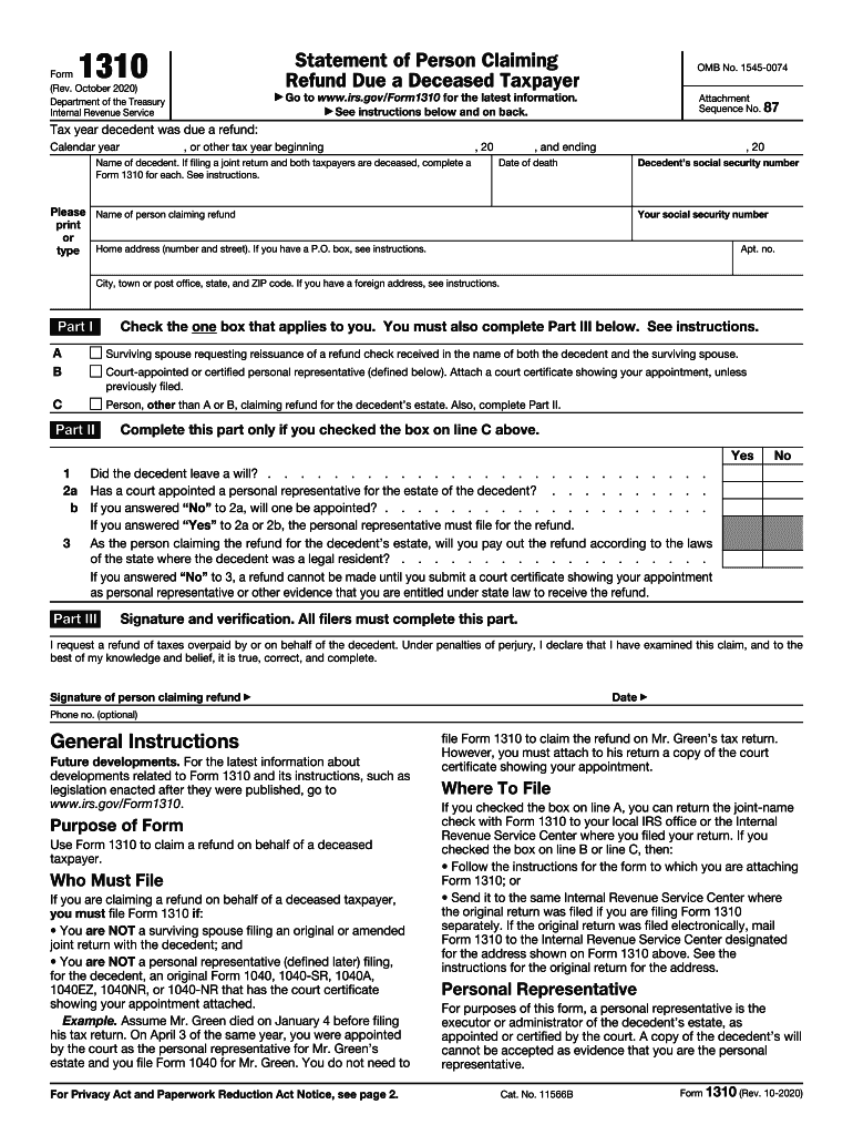 Get and Sign Irs Form 1310 Printable 2020