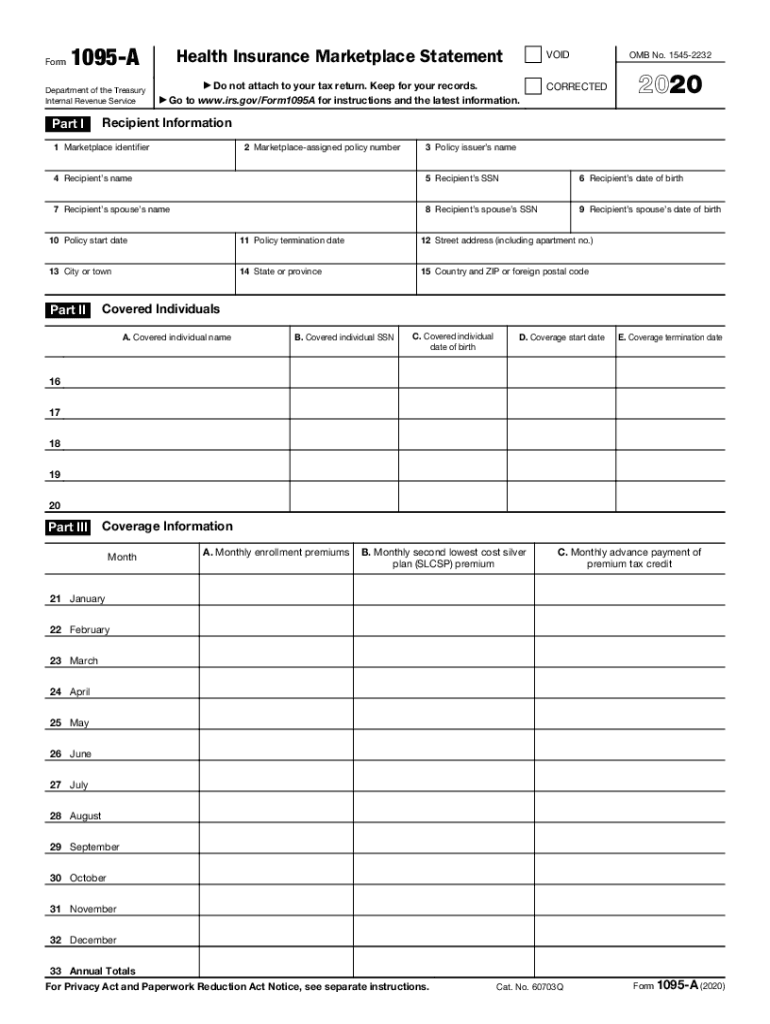  Fillable Health Insurance Marketplace Statement Form 1095 a 2020