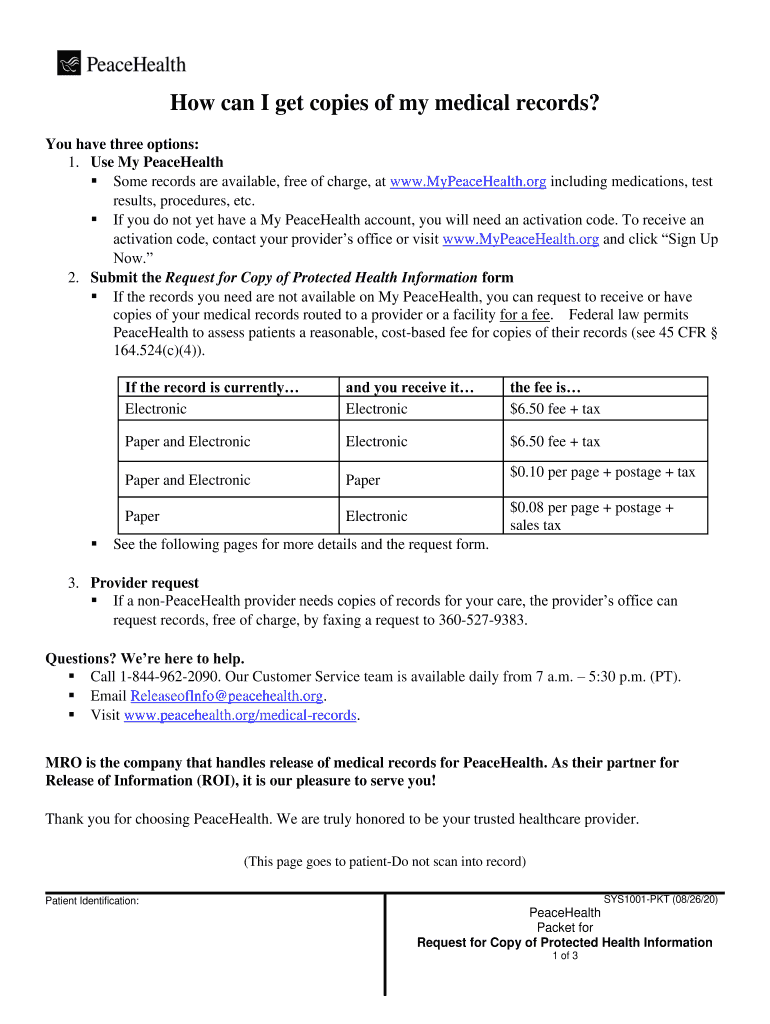 Peacehealth Medical Records  Form