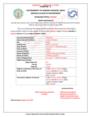 Sample Birth Certificate India  Form