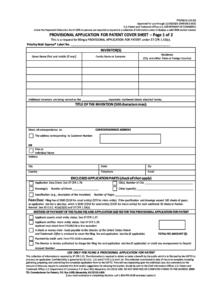 SB16 Provisional Application for Patent Cover Sheet  Form