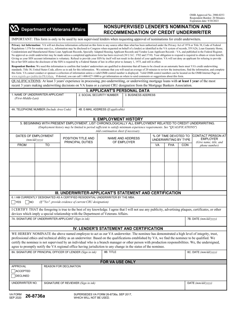 VA Form 26 8736a NONSUPERVISED LENDER'S NOMINATION and RECOMMENDATION of CREDIT UNDERWRITER